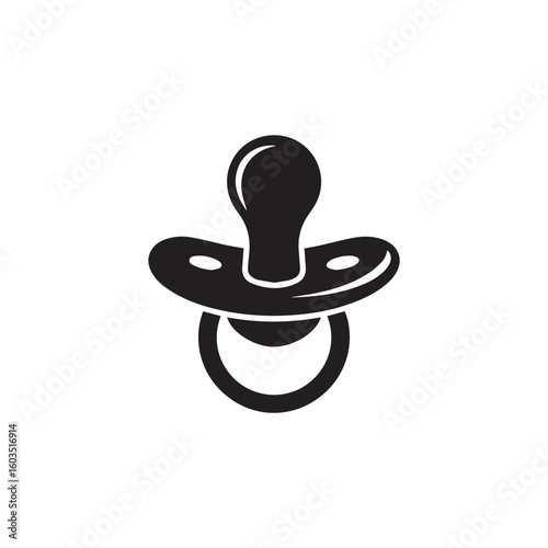 Simple black silhouette icon of a baby pacifier or dummy with a round shield and nipple on a white background