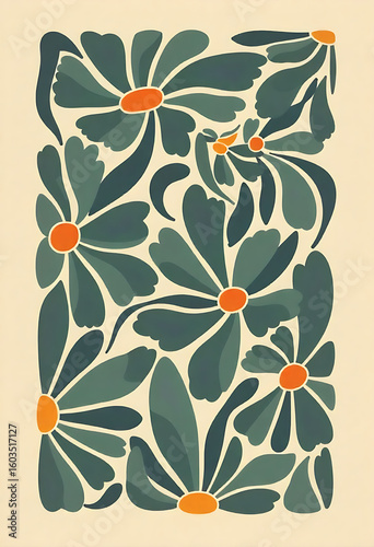 A stylized floral arrangement featuring dark teal flowers with orange centers against a light beige background, creating a modern, artistic pattern.