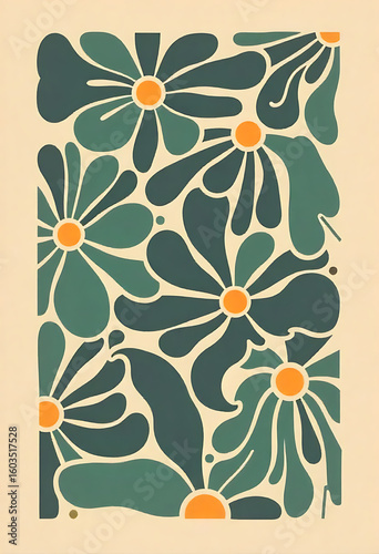 A stylized floral pattern featuring teal and green flowers with orange centers, set against a cream-colored background.