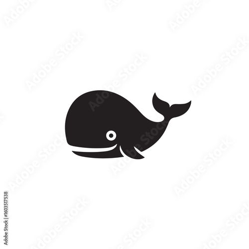 Simple black silhouette of a friendly cartoon whale with a white eye and a curved tail against a clean white background