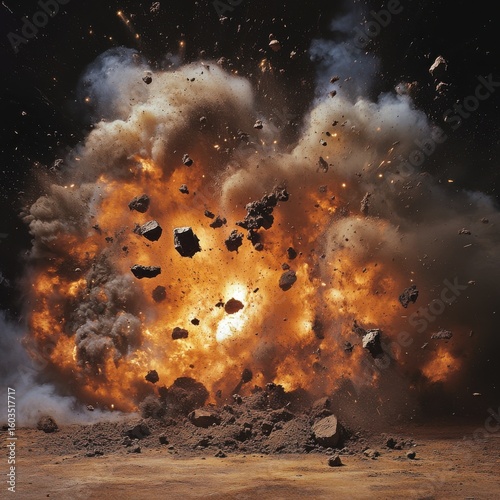 Powerful Fiery Explosion with Rocks and Debris