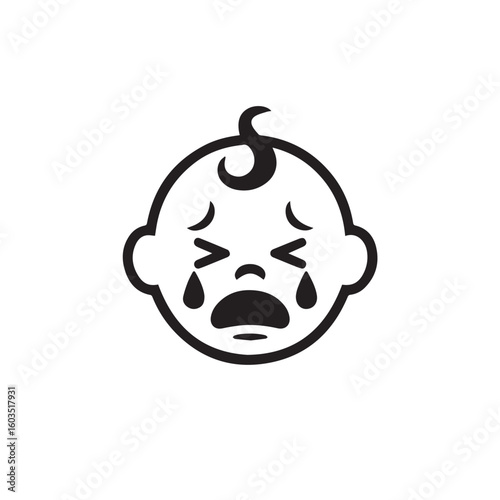 Simple line art icon of a baby s face expressing sadness with tears falling down cheeks