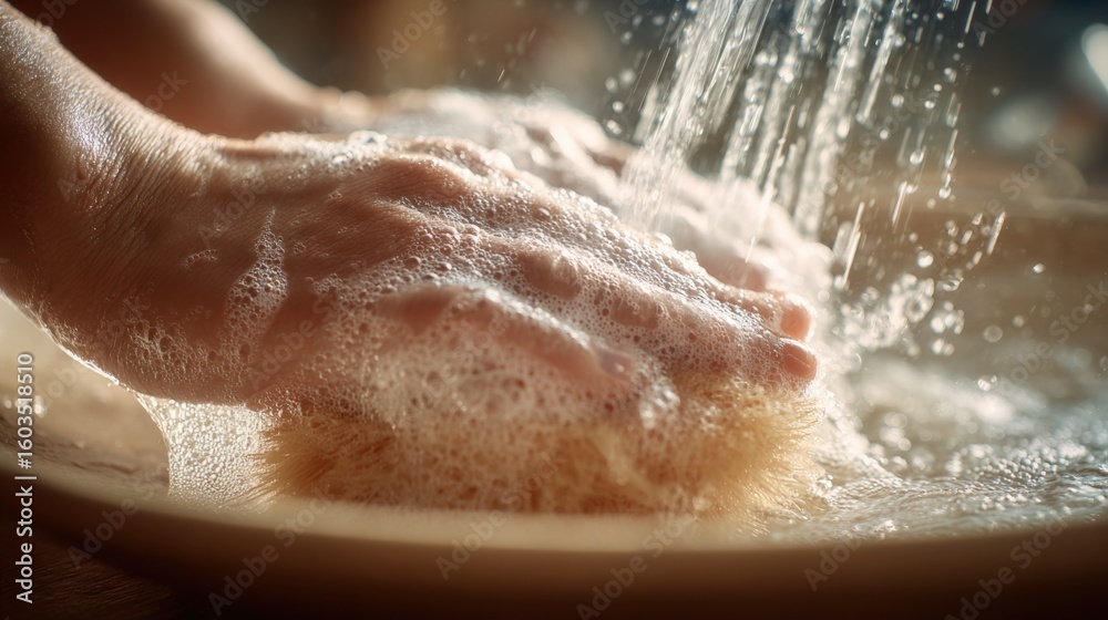 Fototapeta premium Close-up of Hands Washing with Soap and Water Creating Bubbles and Foam for Cleanliness and Hygiene in the Bathroom or Kitchen