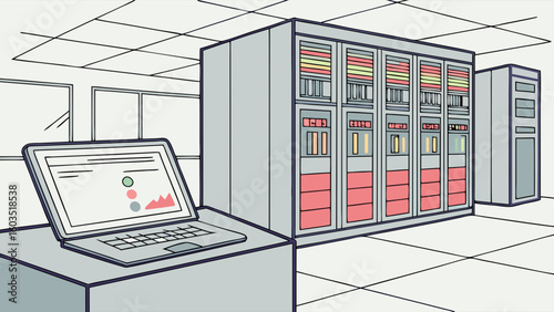 Data Center Server Room with Laptop and Monitoring System.