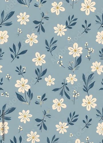 A repeating floral pattern with white flowers, dark blue leaves, and small berries on a light blue background.