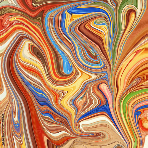 Vivid abstract swirl pattern in warm earthy tones with splashes of blue and green, perfect for modern art decor, background design, or digital art textures.