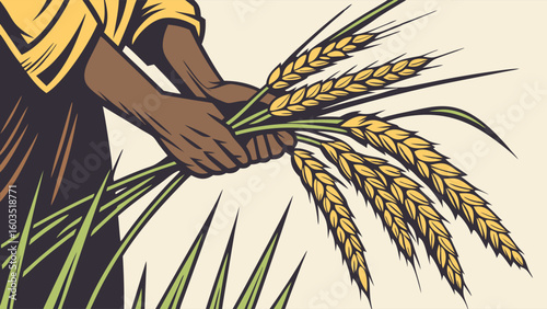 Farmer Harvesting Wheat with Hands in a Stylized Illustration.