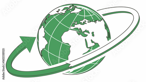Green Globe with Arrow Orbiting Representing Global Reach and Direction.