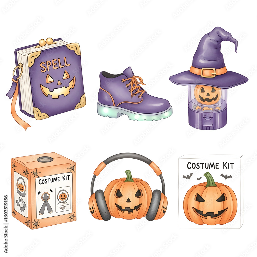 Naklejka premium Get ready for Halloween with fun pumpkin accessories, costume kits, and spooky spell books