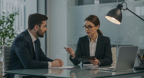 A female manager giving constructive feedback to a male employee across a glass desk in a minimalist private office, soft lighting, DSLR 50mm lens, focus on their expressions, background slightly blur