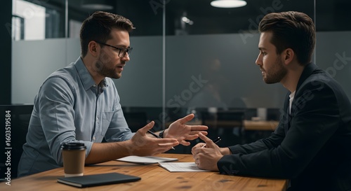 Young team leader discussing performance goals with junior employee in a private, softly lit tech office, seated at wooden table, shot with 85mm lens, sharp focus on body language and hands.