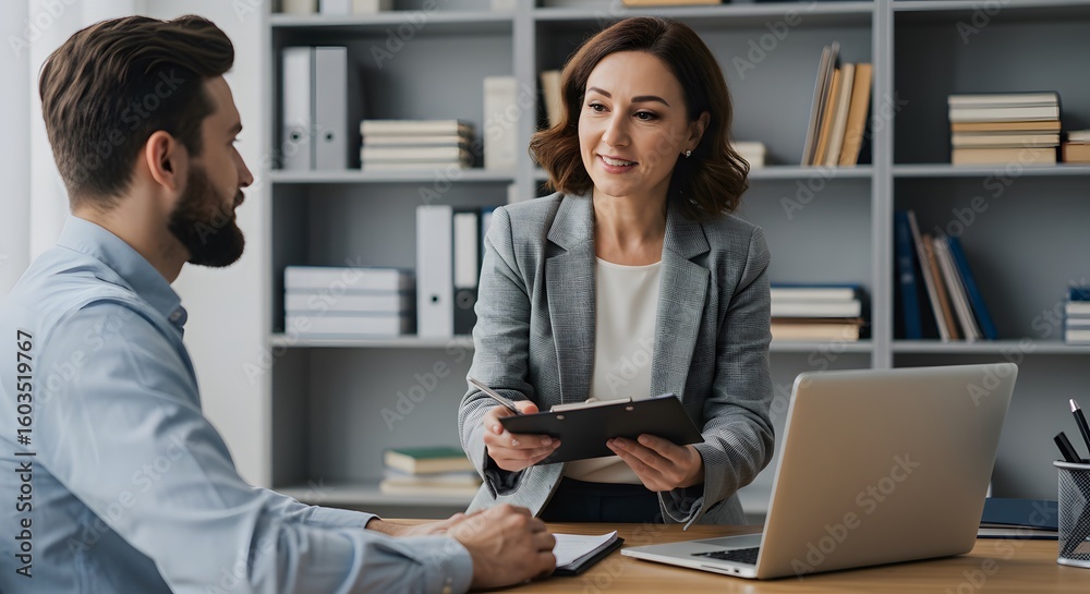 Fototapeta premium Middle-aged female manager giving feedback with a laptop open on the desk, male employee listening attentively, office with bookshelves, 35mm lens, clear focus on faces.