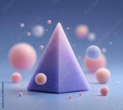 Minimal flat vector icon of compass or coordinate tool floating in center surrounded by isometric party bubbles, soft pink and blue gradient background, floating colorful light particles, gentle light