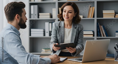 Middle-aged female manager giving feedback with a laptop open on the desk, male employee listening attentively, office with bookshelves, 35mm lens, clear focus on faces.