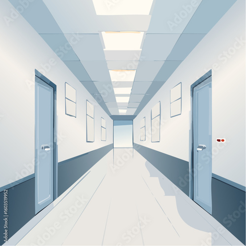 Illustration of a long, empty hallway with closed doors, white walls, and bright ceiling lights, creating a sterile and institutional atmosphere.