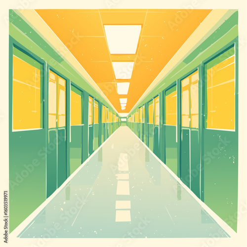 Illustration of a long, empty hallway with green doors and yellow windows, illuminated by ceiling lights, creating a sense of depth and perspective.