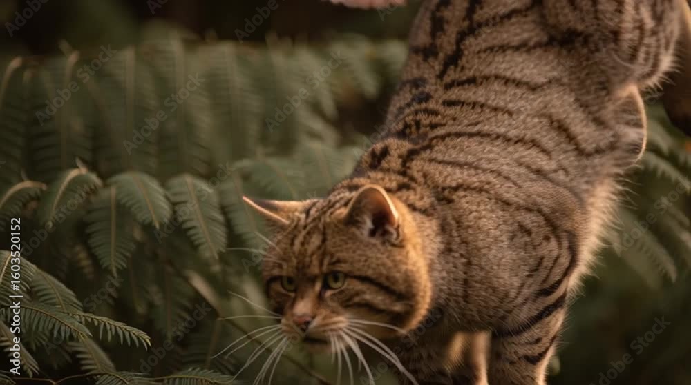 a Scottish wildcat jumping and catching a low flying capercaillie generative ai