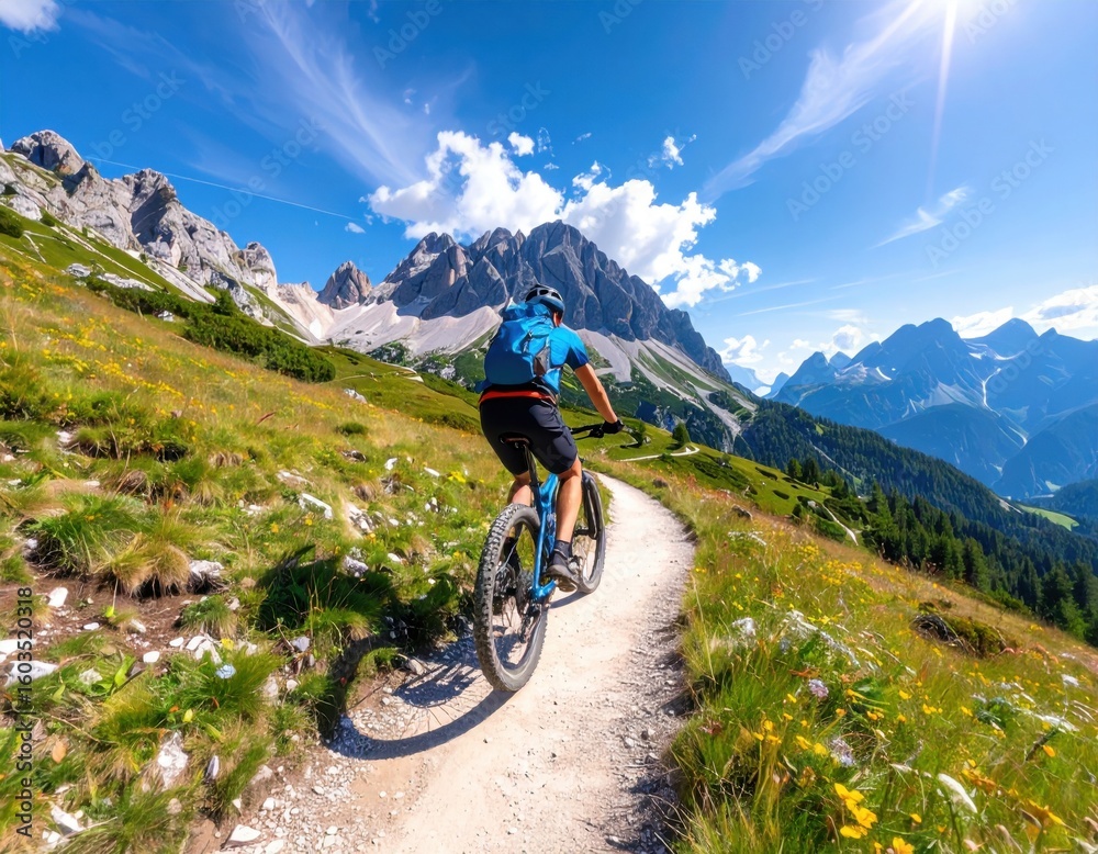 Fototapeta premium Mountain bikers enjoying a scenic route through vibrant wildflowers during a sunny day in the Alps