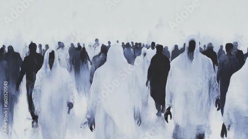 A ghostly crowd of silhouetted figures moving through a misty landscape.