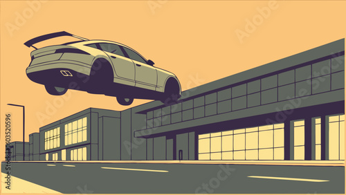 Sleek Sports Car Levitation Above Cityscape Building.