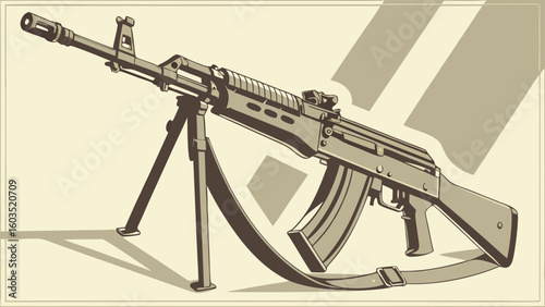 Stylized AK47 Assault Rifle with Bipod and Sling.