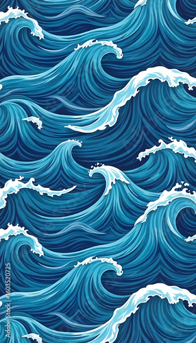 Dynamic illustration of stylized ocean waves with white foam crests, creating a flowing, textured pattern.