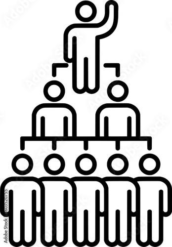 Minimalist line art of hierarchical organizational structure with geometric human figures in pyramid formation, centered composition, and clean continuous black outlines on white background