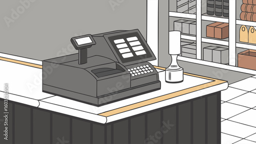 Supermarket Checkout Counter with Point of Sale Terminal.