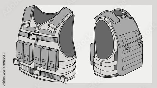 Tactical Vests Front and Side View Illustrations.