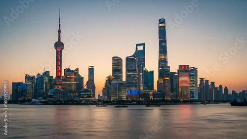 City Skyline at Sunset Reflecting on Water - Modern Urban Architecture