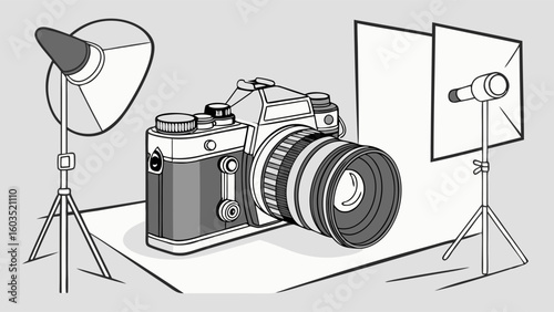 Vintage Camera in a Professional Studio Setup with Lighting Equipment.