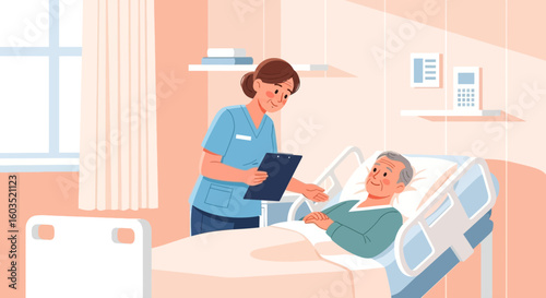 Caring nurse attending to elderly patient in hospital bed offering comfort and support depicting