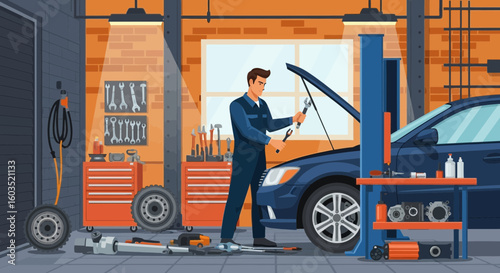 Professional mechanic repairing a car in a well-equipped auto repair shop illustration