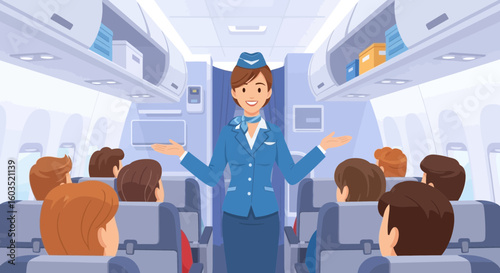 Friendly flight attendant giving safety instructions to passengers on airplane