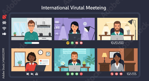 Illustration of virtual meeting with diverse participants in online video conference setup