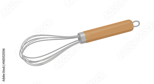 Detailed illustration of a whisk with a wooden handle showcasing kitchenware