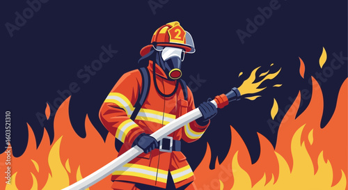 Brave firefighter extinguishing flames with water hose illustration vector design scene