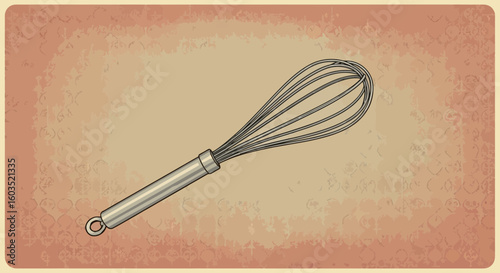 Vintage illustration of a whisk against a textured beige and peach background, ideal for culinary