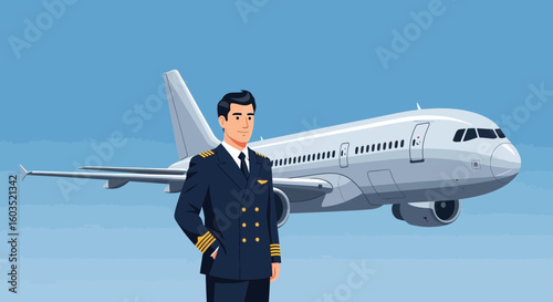 Confident airplane pilot in uniform standing in front of a passenger jet against blue sky