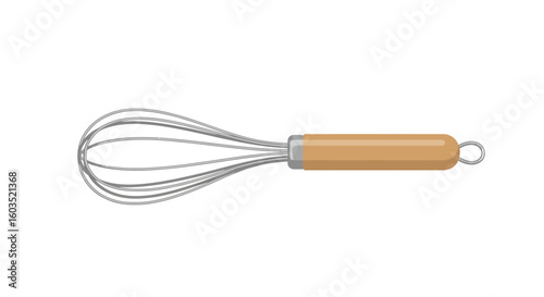 Close-up vector illustration of a kitchen whisk with a wooden handle isolated on white background