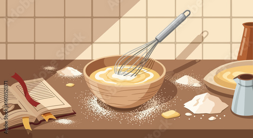 Illustrative scene of baking preparation showcasing a mixing bowl and cookbook on counter