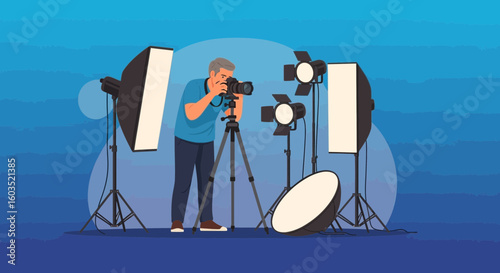 Professional Photographer in Studio with Lighting Equipment and Camera Setup