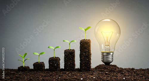 Innovation and investment concept with green shoots growing in soil stacks like a graph, culminating in a lit lightbulb