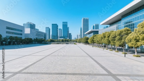 Modern City Plaza with Skyscrapers and Greenery