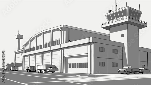 Airport Hangar and Control Tower with Trucks Illustration.