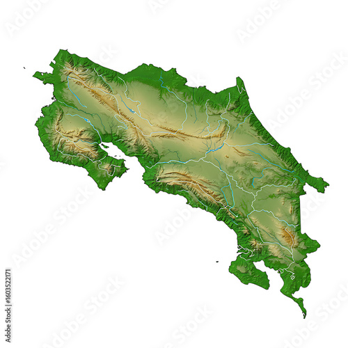 Costa Rica elevation map with tropical terrain
