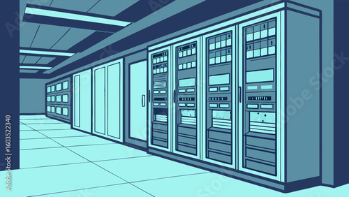 Cartoon illustration of a server room with multiple racks.