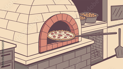 Cartoon Pizza Being Baked in a Brick Oven Illustration.