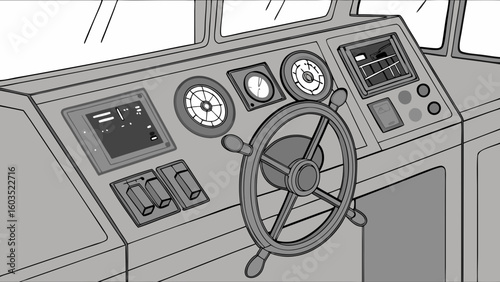 Detailed Illustration of a Boats Control Panel and Wheel.