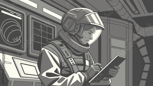 Female Astronaut Taking Notes in Spaceship.